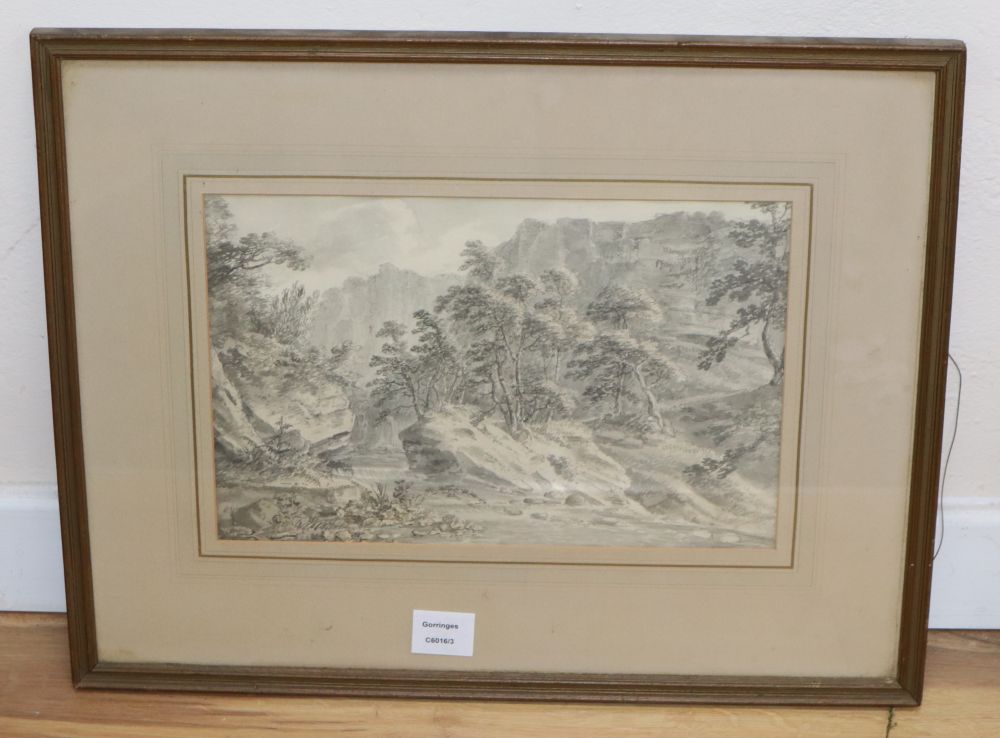 Amos Green (1735-1807), monochrome watercolour, Near Ingleton, Fine Art Society label verso, 23 x 35.5cm
